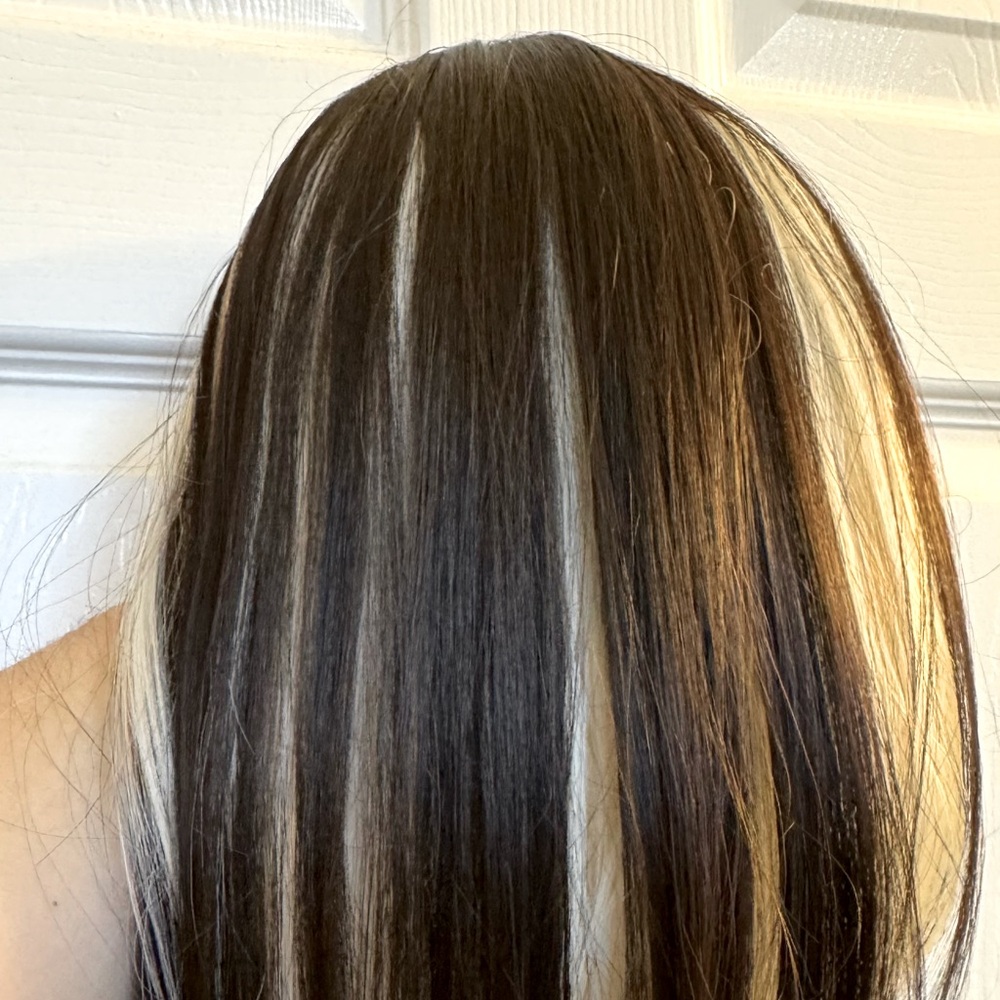 Dark brown with very blond wig